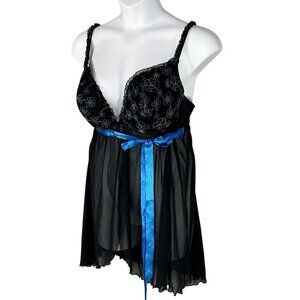 Cacique Womens 3X Babydoll Teddy Black Blue Floral Embroidered Bow Nightgown